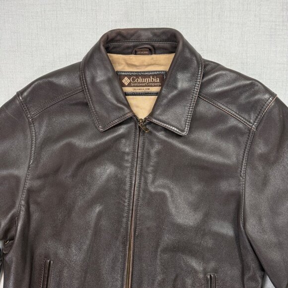 Vintage Columbia Leather Bomber Jacket Brown Zip Front Pockets Lined Size XL - Picture 3 of 16